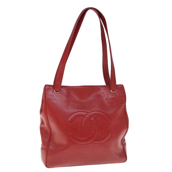 CHANEL Shoulder Bag Caviar Skin Red CC Auth - Picture 1 of 16
